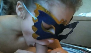 Masked girl giving astounding deepthroat oral-job in real amateur sex clip